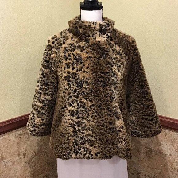 Free People Small Double Breasted Faux Fur Animal Print Jacket Brown Pockets - Picture 11 of 11
